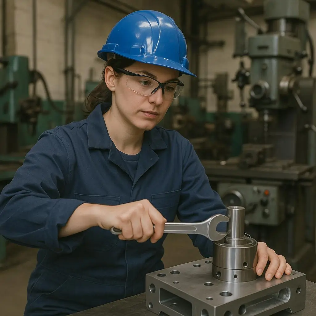 Opératrice en mécanique ajustant une pièce métallique dans un atelier d’usinage