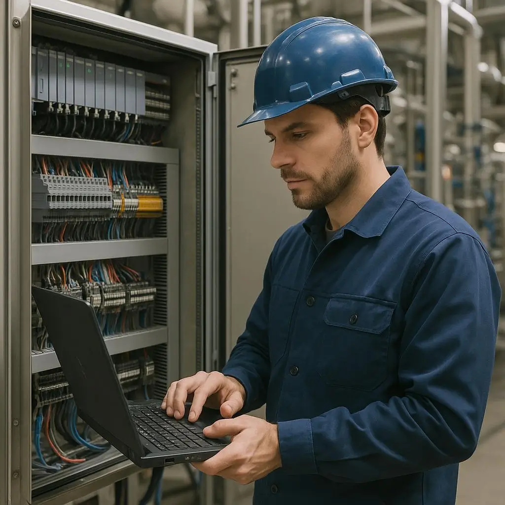 Technicien en automatisme et informatique industrielle travaillant sur un système d’automate programmable avec un ordinateur portable